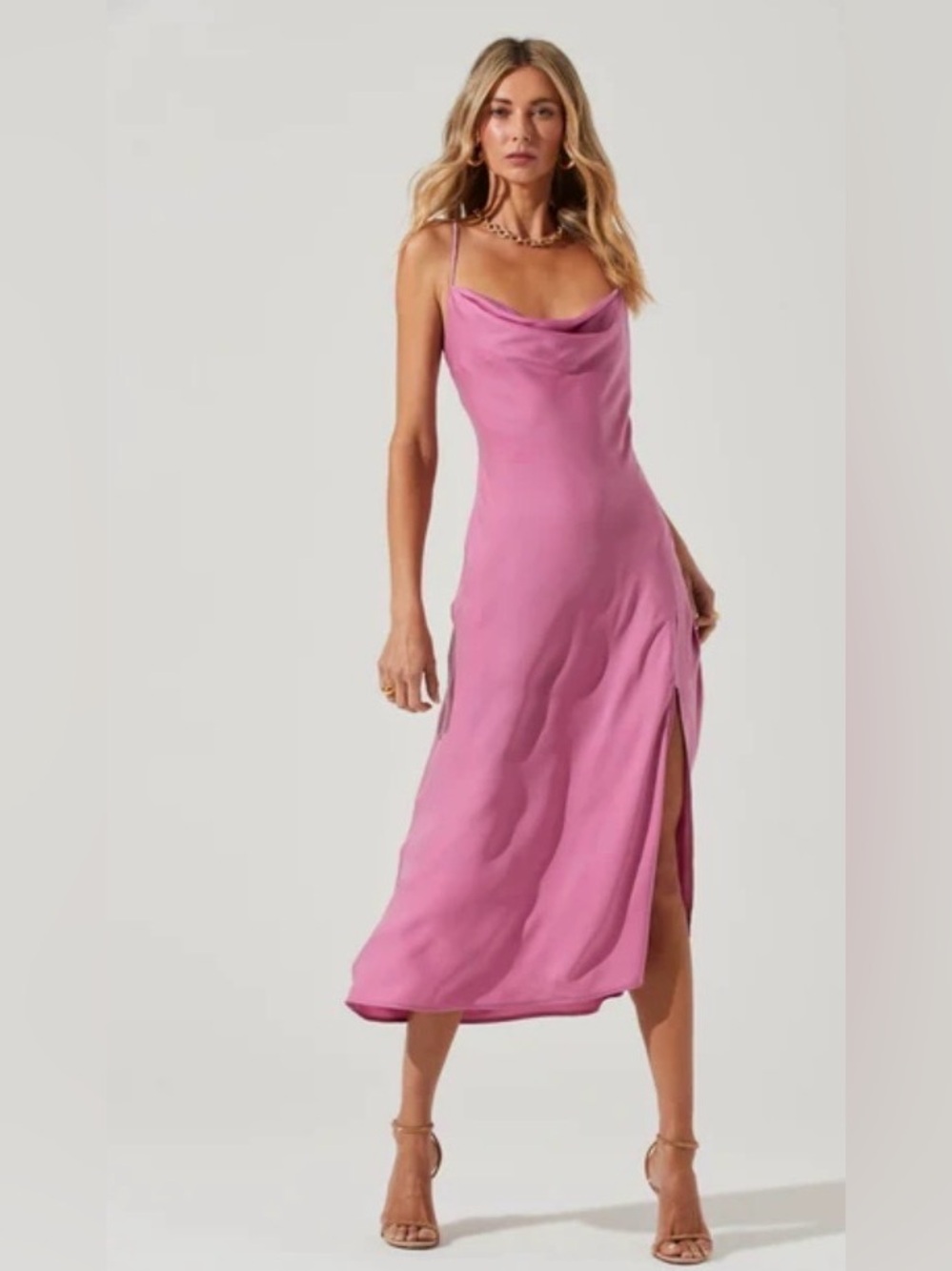 ASTR Gaia Midi Icy Pink Slip Dress with Side Slit